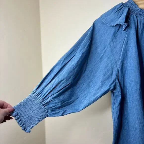 Old Navy Blouse Women's 4X Puff Sleeve Jean Ruffle Trimmed Poet Chambray Peasant - Picture 6 of 10